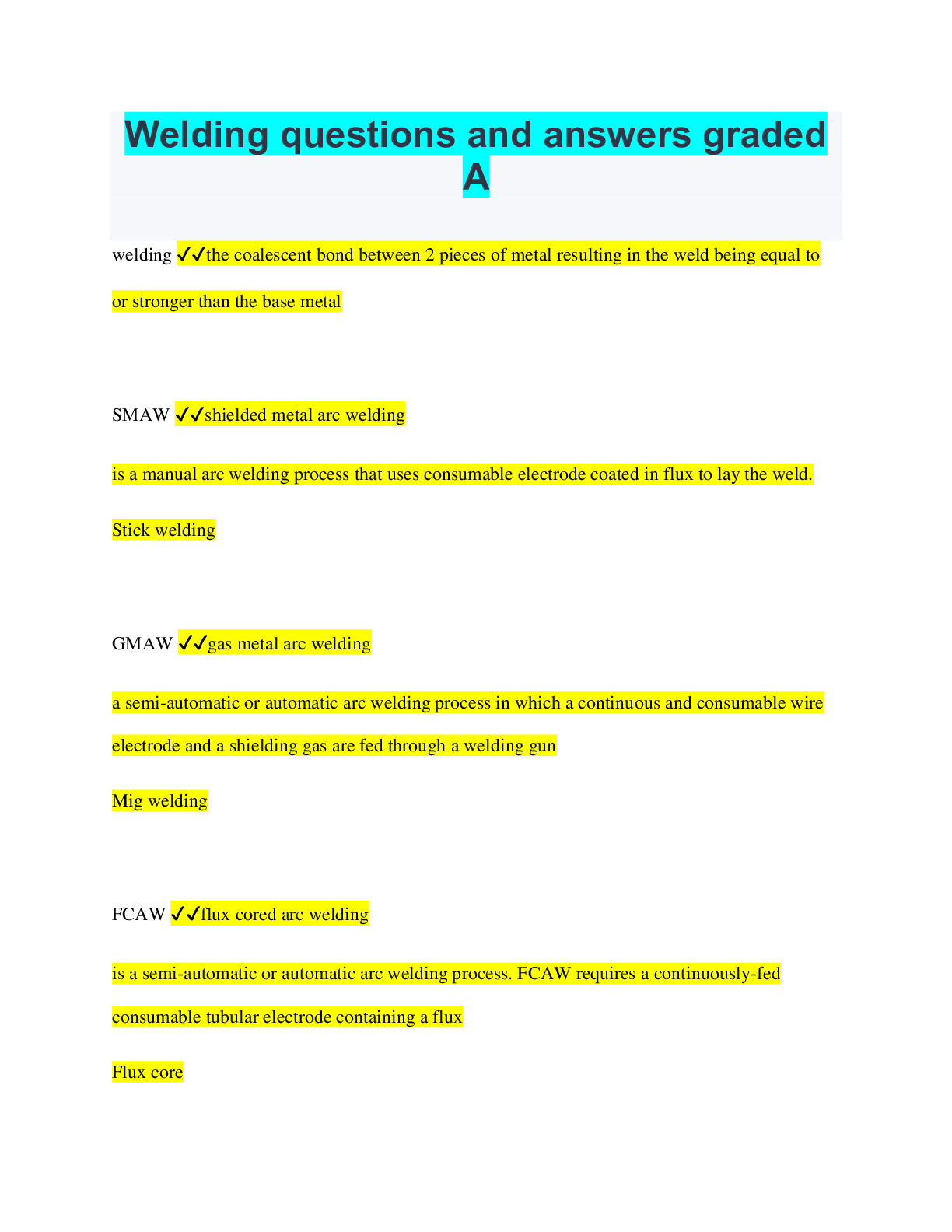 Welding Bundled Exams Questions and Answers 100 Pass Browsegrades